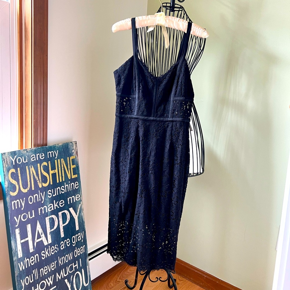 Black lace fitted midi dress. Express size 4.